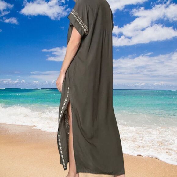 V Neck Moss Green Embroidery High Split Sides Kaftan Dress Cover Up NEW - Picture 3 of 5